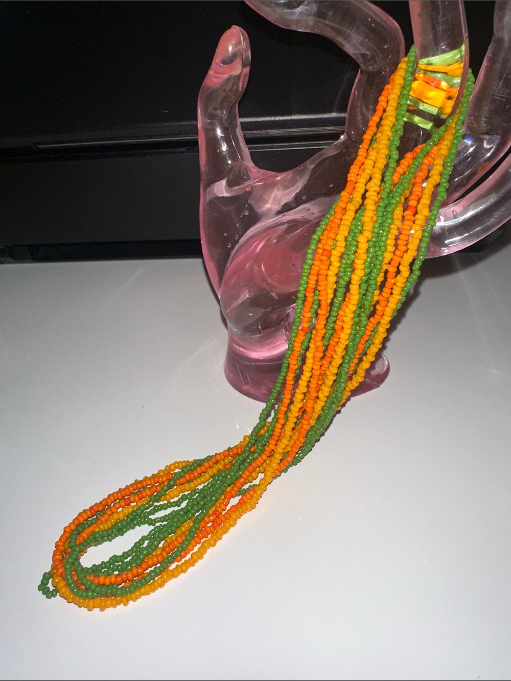 Multi-Strand Seed Bead Necklace in Green, Orange, Yellow, Mango.